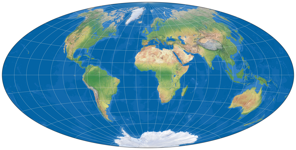 Weltkarte, dargestellt im Aitoff-Entwurf (mit farbiger Meerestiefen-Darstellung)