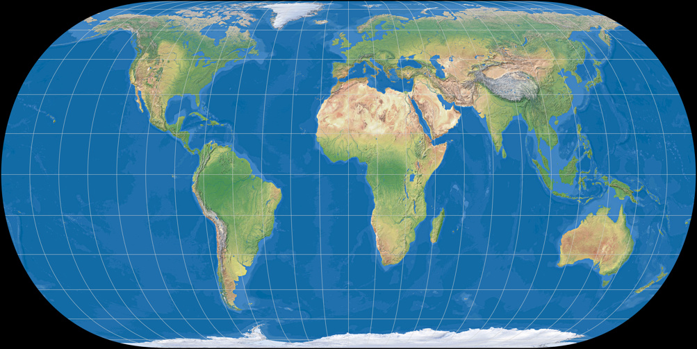 Weltkarte, Projektion: Hufnagel 10 (mit farbiger Meerestiefen-Darstellung)