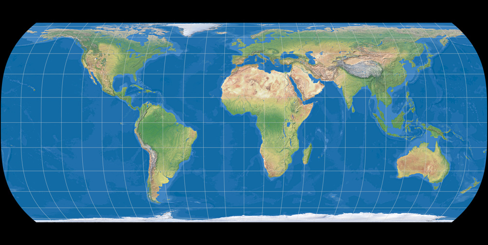 Weltkarte, Projektion: Hufnagel 12 (mit farbiger Meerestiefen-Darstellung)