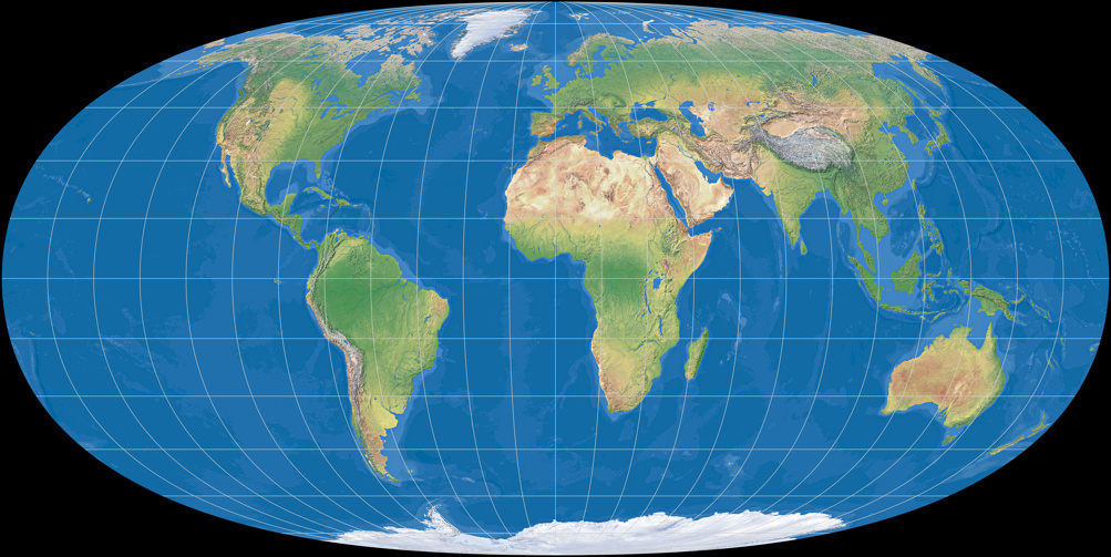 Weltkarte, Projektion: Hufnagel 2 (mit farbiger Meerestiefen-Darstellung)