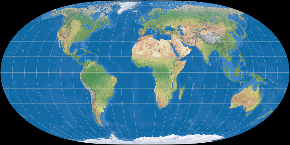 Weltkarte, Projektion: Hufnagel 3 (mit farbiger Meerestiefen-Darstellung)