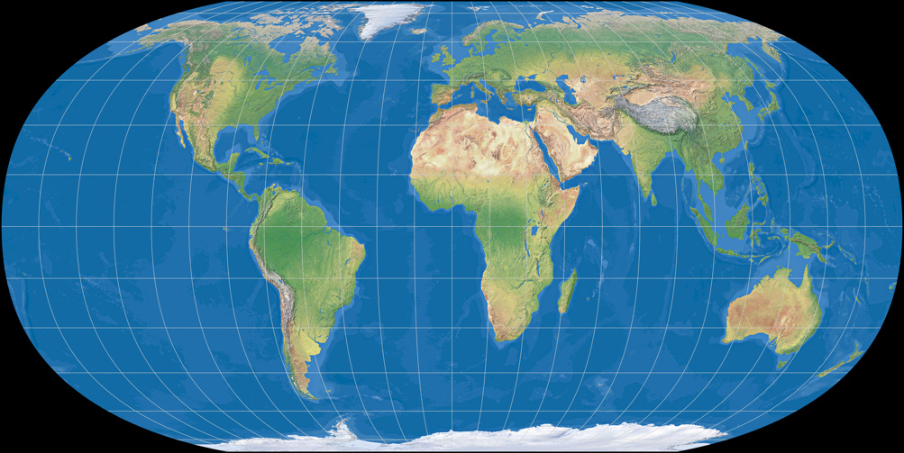 Weltkarte, Projektion: Hufnagel 7 (mit farbiger Meerestiefen-Darstellung)