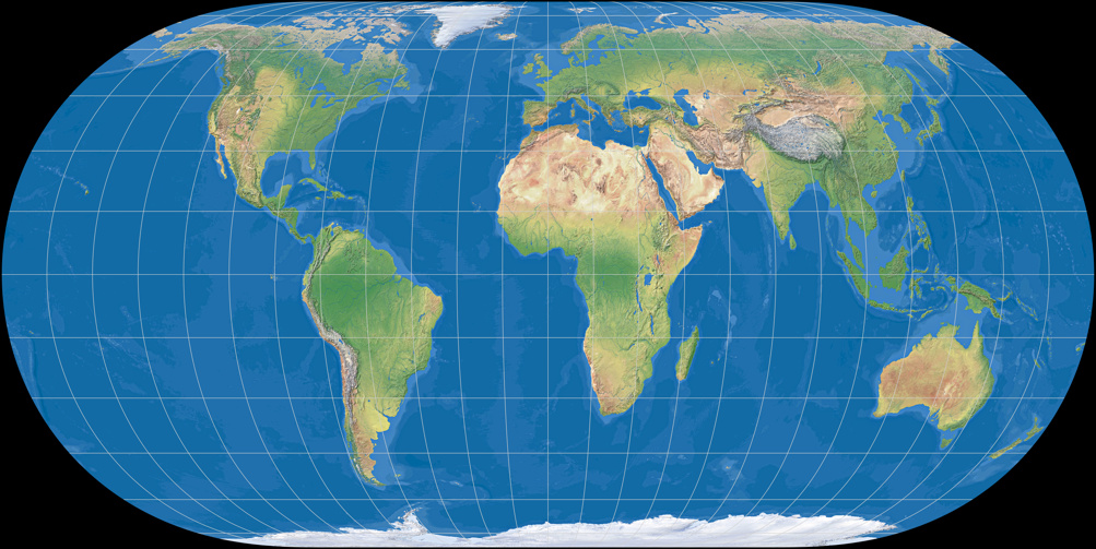 Weltkarte, Projektion: Hufnagel 9 (mit farbiger Meerestiefen-Darstellung)