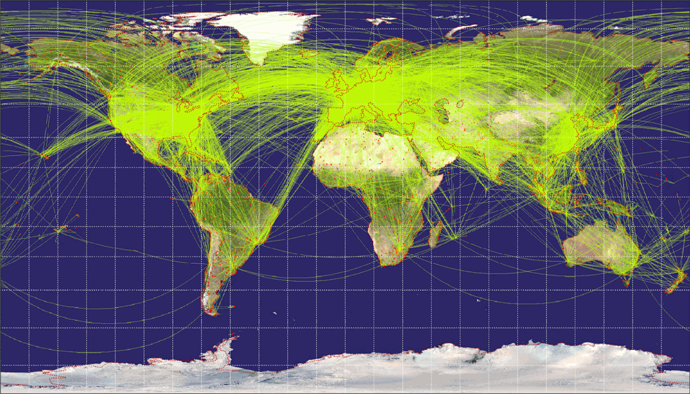 Flugverkehr-Weltkarte, dargestellt im Patterson-Zylinderentwurf.