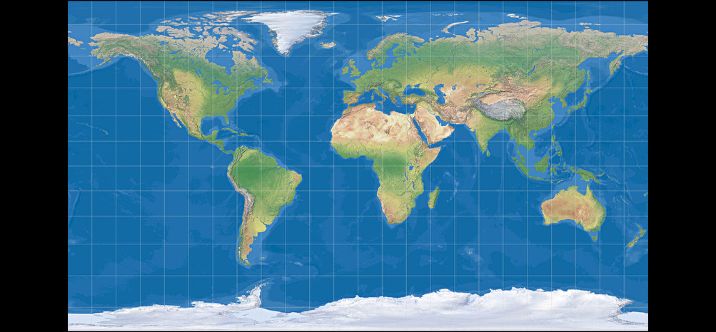 Weltkarte, dargestellt in fehlerhafter Interpretation Patterson-Zylinderentwurf (mit farbiger Meerestiefen-Darstellung)