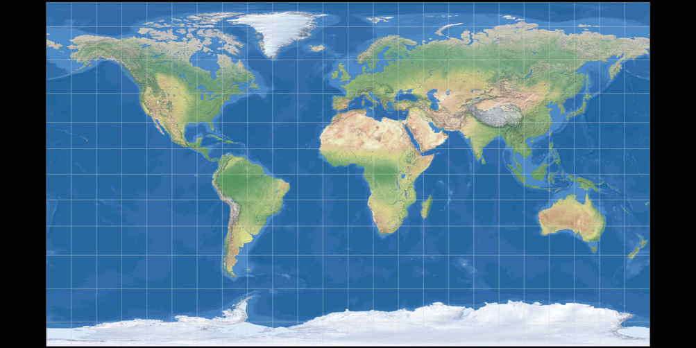 Weltkarte, dargestellt im Patterson-Zylinderentwurf (mit farbiger Meerestiefen-Darstellung)