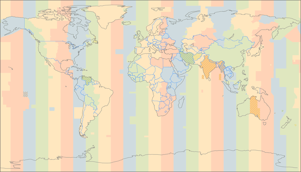 Weltkarte der Zeitzonen (Stand: Oktober 2015), dargestellt in Pattersons Zylinderentwurf