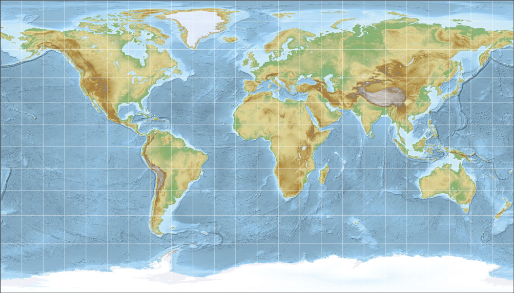 Topographische Weltkarte, dargestellt im Patterson-Zylinderentwurf.