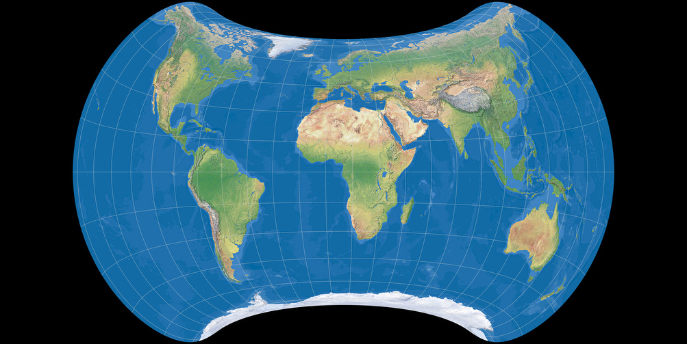 Weltkarte im Strebe-1995-Netzentwurf, zentriert auf 10° Ost (mit farbiger Meerestiefen-Darstellung)