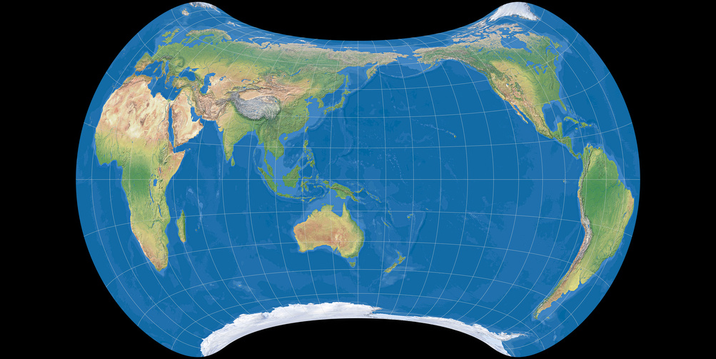 Weltkarte im Strebe-1995-Netzentwurf, zentriert auf 150° Ost (mit farbiger Meerestiefen-Darstellung)
