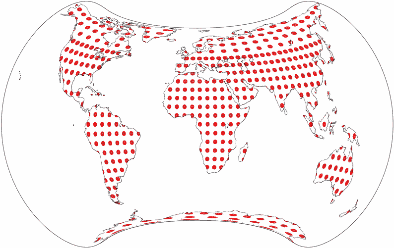 Weltkarte im Strebe-1995-Netzentwurf, mit Tissotscher Indikatrix auf den Landmassen