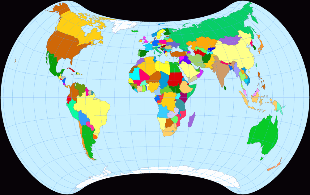 Politische Weltkarte, dargestellt im Strebe-1995-Netzentwurf.