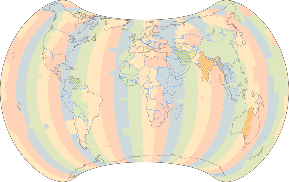 Weltkarte der Zeitzonen (Stand: Oktober 2015), dargestellt im Strebe 1995 Kartennetzentwurf.
