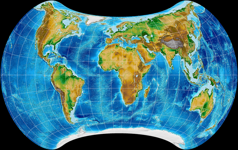 Topographische Weltkarte, dargestellt im Strebe-1995-Netzentwurf.
