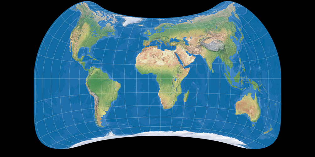 Weltkarte im Netzentwurf Strebe Asymmetrisch 2011, zentriert auf 11° Ost (mit farbiger Meerestiefen-Darstellung)