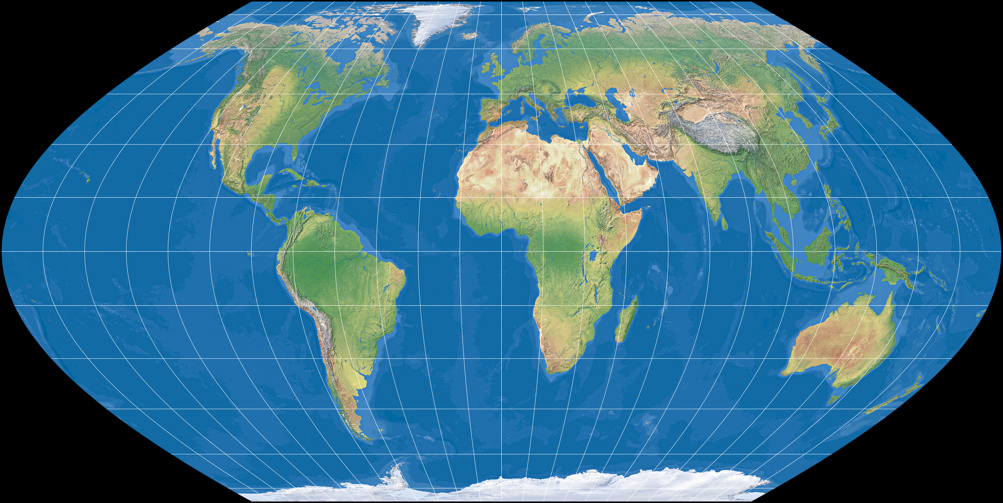 Weltkarte, Projektion: Wagner I (mit farbiger Meerestiefen-Darstellung)