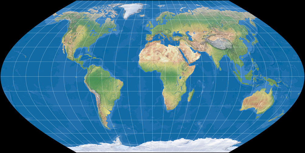 Weltkarte, Projektion: Wagner II (mit farbiger Meerestiefen-Darstellung)