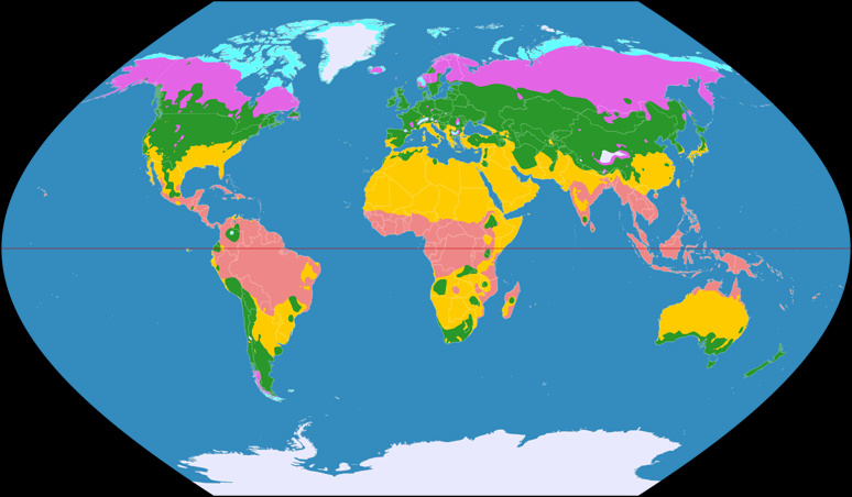 Weltkarte der Klimazonen, dargestellt im Wagner III Netzentwurf mit Schnittparallelen auf 40° N/S