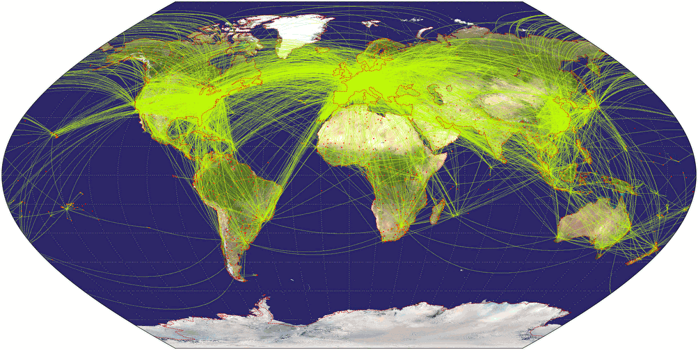 Flugverkehr-Weltkarte, dargestellt im Wagner-III-Netzentwurf.