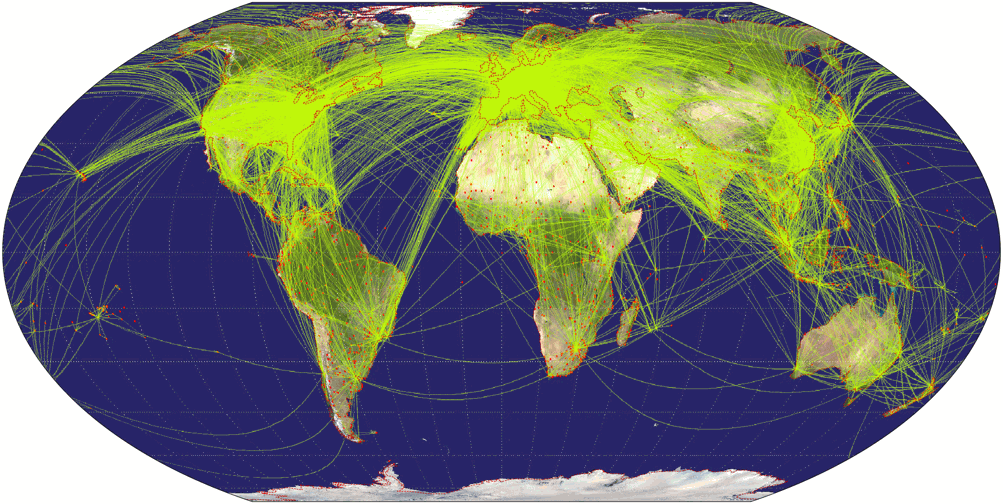 Flugverkehr-Weltkarte, dargestellt im Wagner-IV-Netzentwurf.