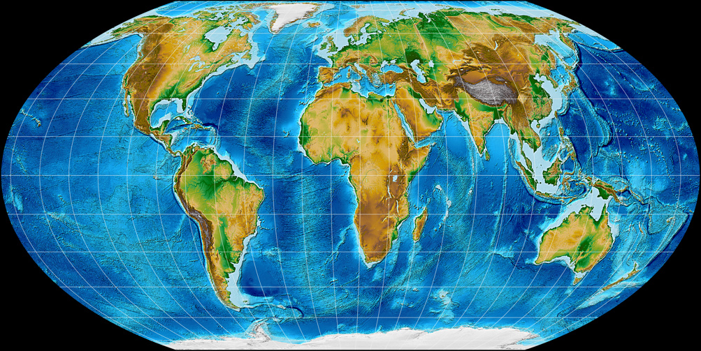 Topographische Weltkarte, dargestellt im Wagner-IV-Netzentwurf.