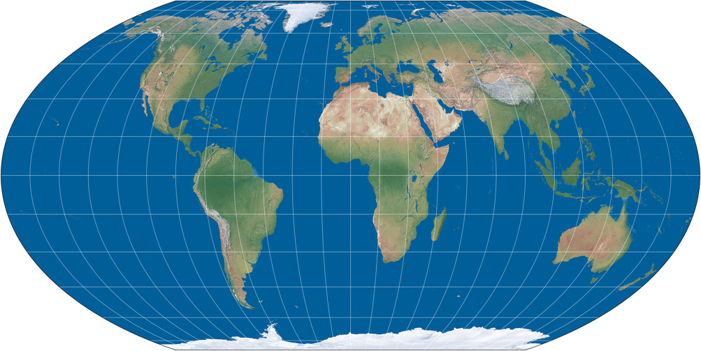 Weltkarte, Projektion: Wagner IV (Natural Earth III, flache Ozeane)