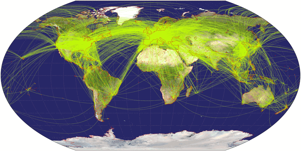 Flugverkehr-Weltkarte, dargestellt im Wagner-VI-Netzentwurf.