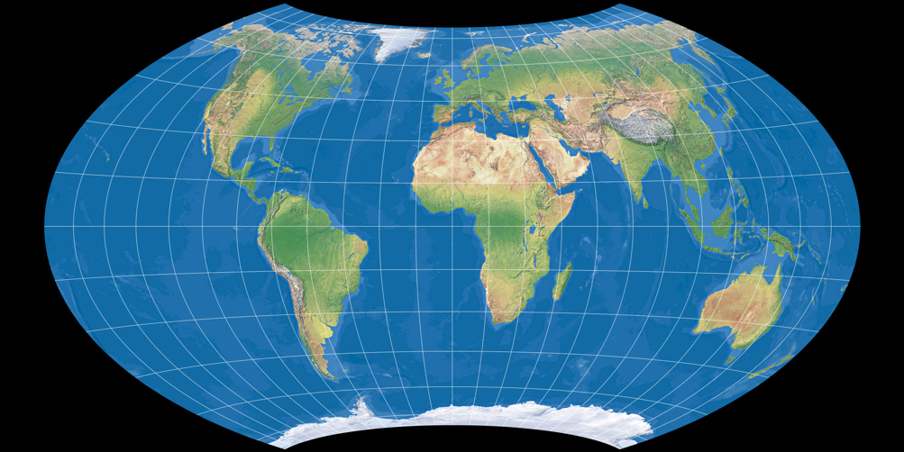 Weltkarte, Projektion: Wagner VII.c (mit farbiger Meerestiefen-Darstellung)
