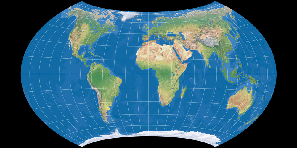 Weltkarte, Projektion: Wagner VII.d (mit farbiger Meerestiefen-Darstellung)