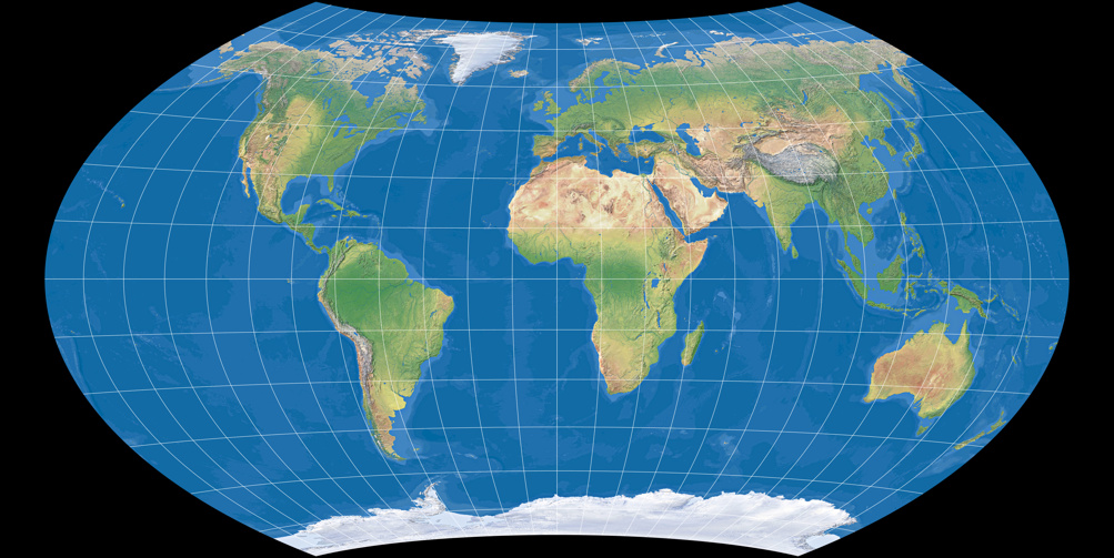 Weltkarte, Projektion: Wagner VIII (mit farbiger Meerestiefen-Darstellung)