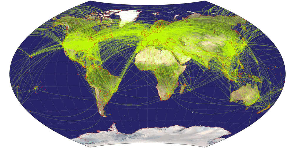 Flugverkehr-Weltkarte, dargestellt im Wagner-IX-Netzentwurf.