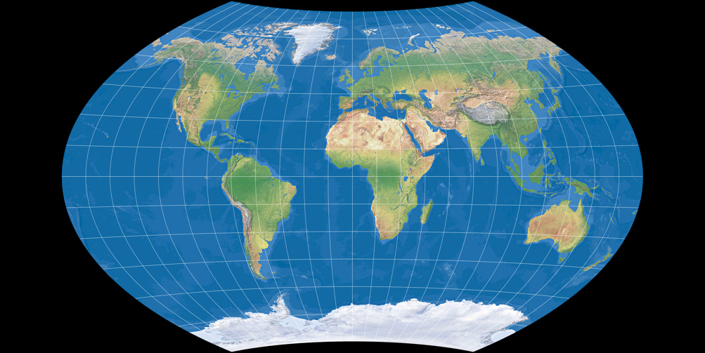 Weltkarte, Projektion: Wagner IX.i (mit farbiger Meerestiefen-Darstellung)