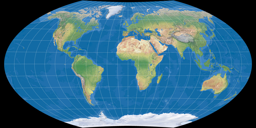 Weltkarte, dargestellt im Wagner-Denoyer-I-Entwurf (mit farbiger Meerestiefen-Darstellung)