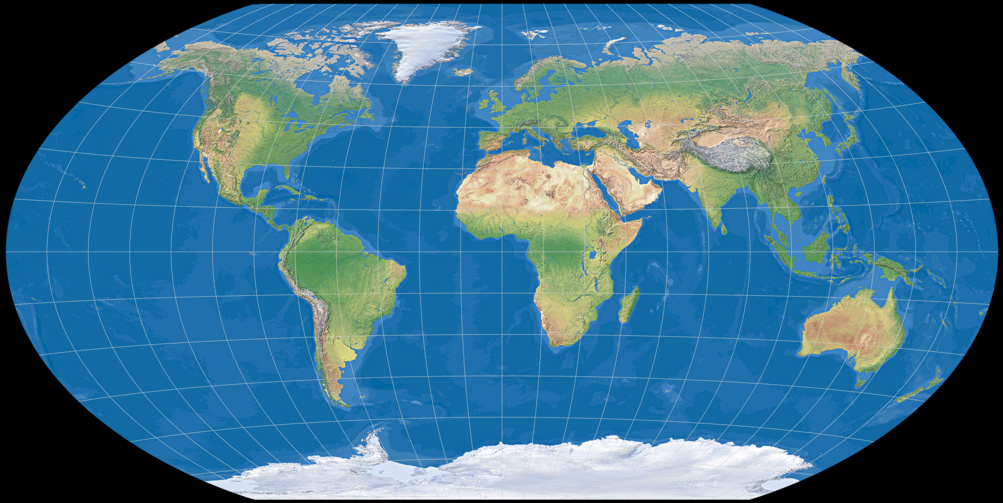 Weltkarte, dargestellt im Entwurf Winkel Tripel BOPC (mit farbiger Meerestiefen-Darstellung)