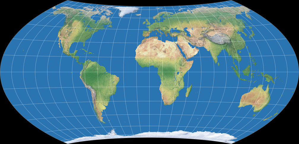 Entfernungsbezogene Weltkarte (Approximation)