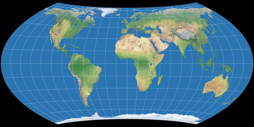 Entfernungsbezogene Weltkarte (Approximation)