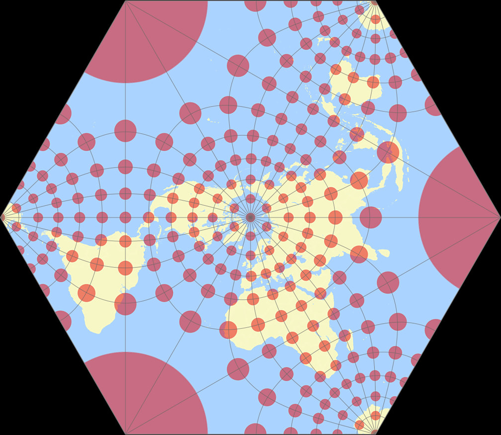 Adams konforme Erde in einem Hexagon Tissotsche Indikatrix