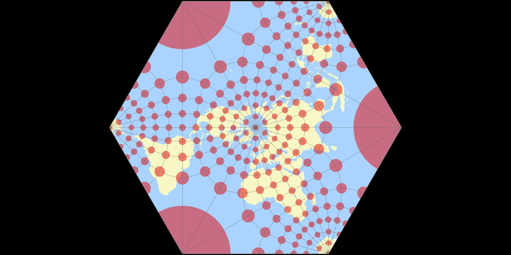 Adams konforme Erde in einem Hexagon Tissotsche Indikatrix