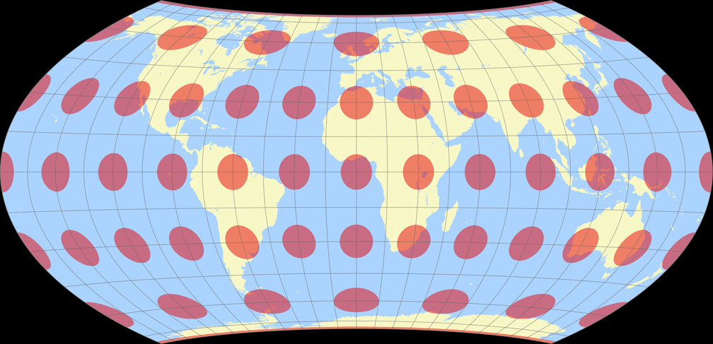 Entfernungsbezogene Weltkarte (Approximation) Tissotsche Indikatrix
